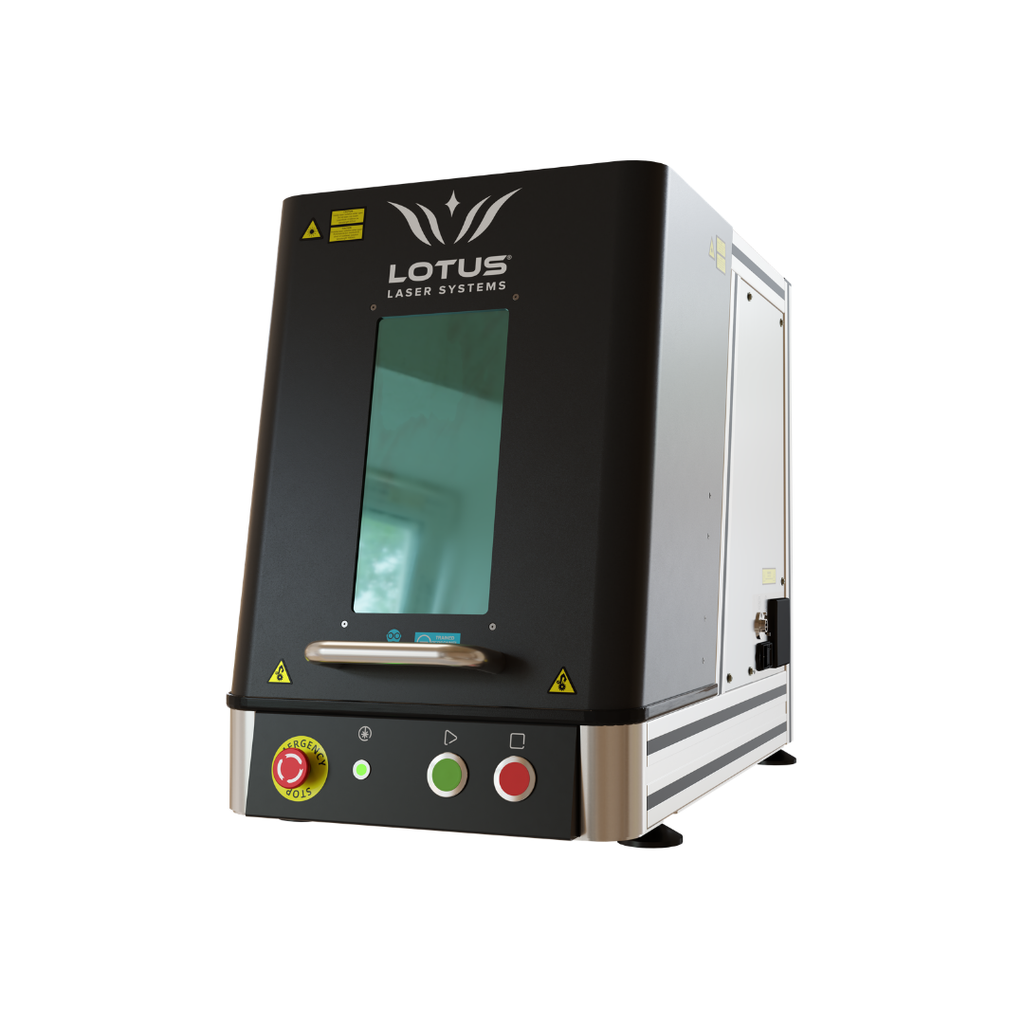 Lotus nMeta Lasergravurmaschine mit 30 Watt MOPA-Laser erstellt hochwertige Markierungen, Barcodes und Datamatrix-Codes auf Metall.
