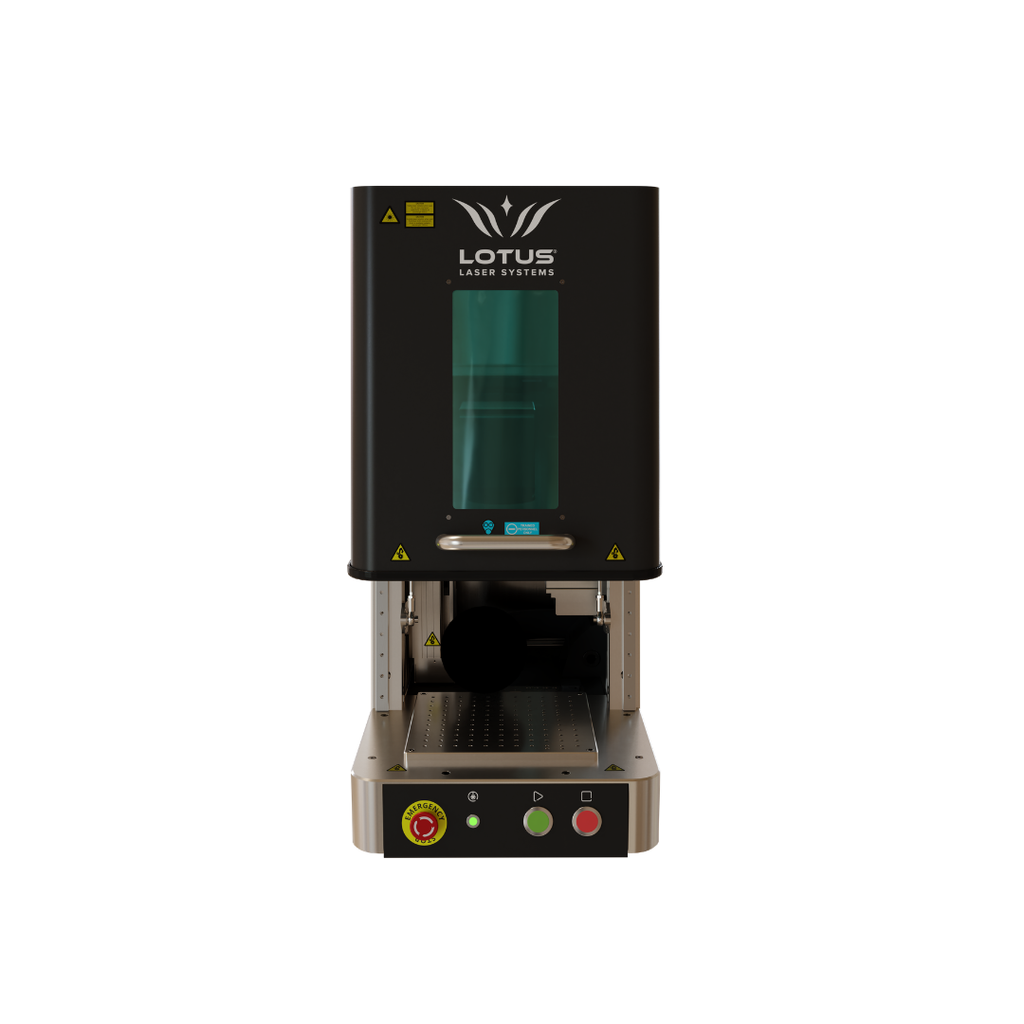 Kompakter Lotus nMeta Faserlaser bearbeitet Metallteile mit präziser Gravur, Color Marking und automatisierter Kennzeichnung im Gewerbe.