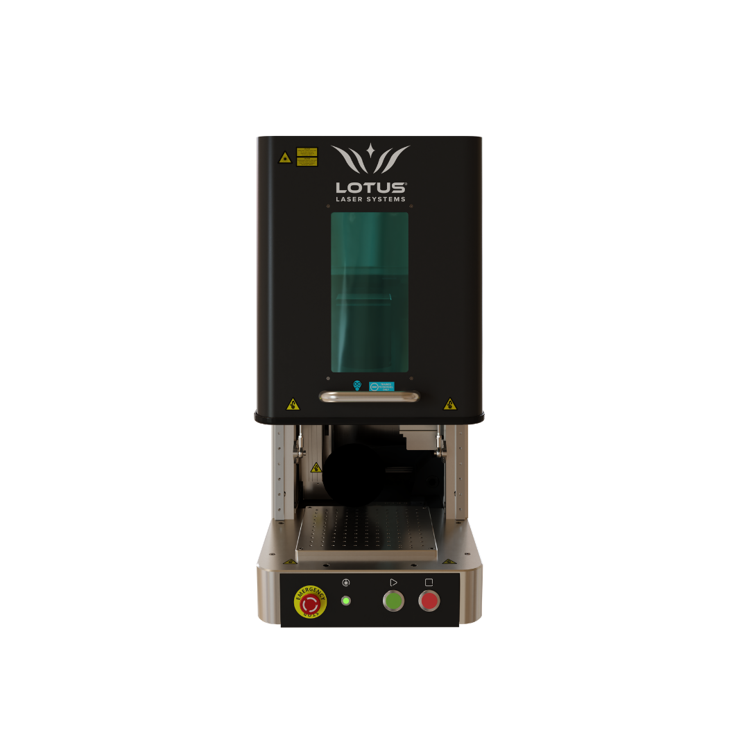 Kompakter Lotus nMeta Faserlaser bearbeitet Metallteile mit präziser Gravur, Color Marking und automatisierter Kennzeichnung im Gewerbe.