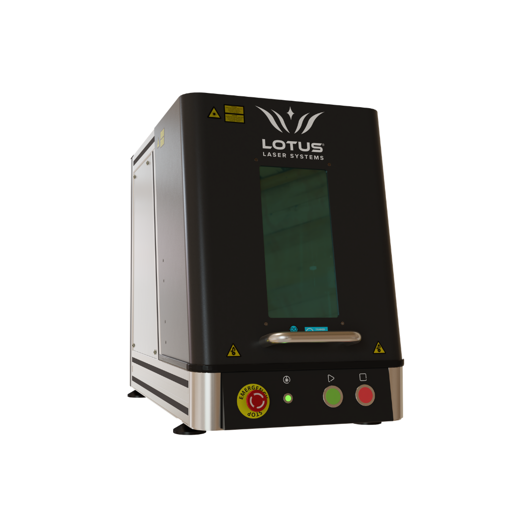 Lotus nMeta Faserlaser graviert präzise flache und runde Werkstücke für Metallbeschriftung, QR-Codes und industrielle Anwendungen.