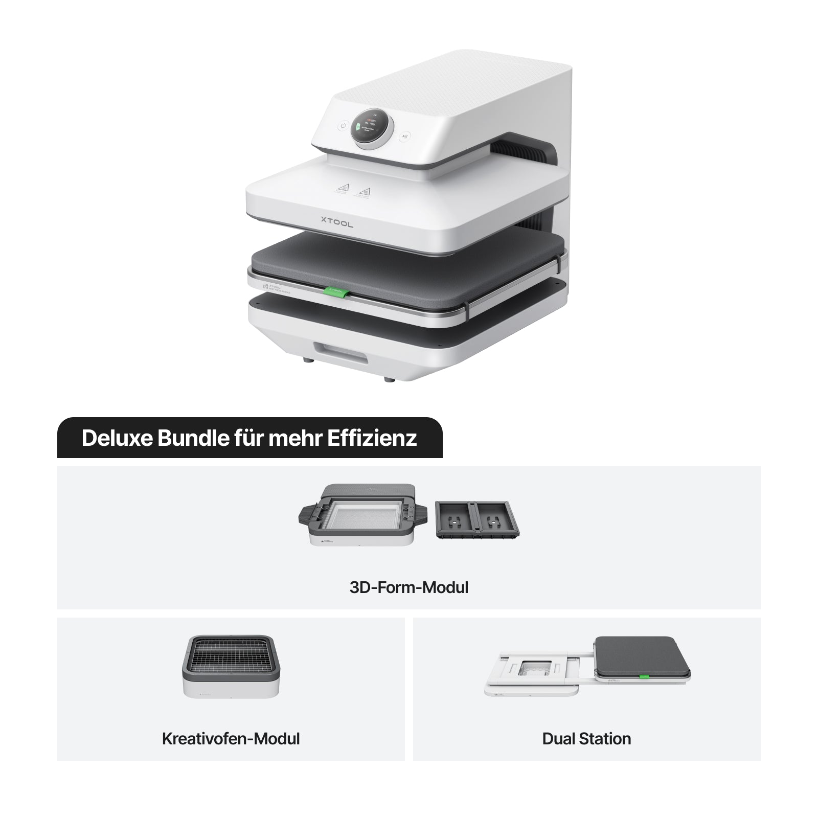 xTool WonderPress Deluxe Bundle mit 3D-Form-Modul, Kretivofen-Modul und Dual Station. 