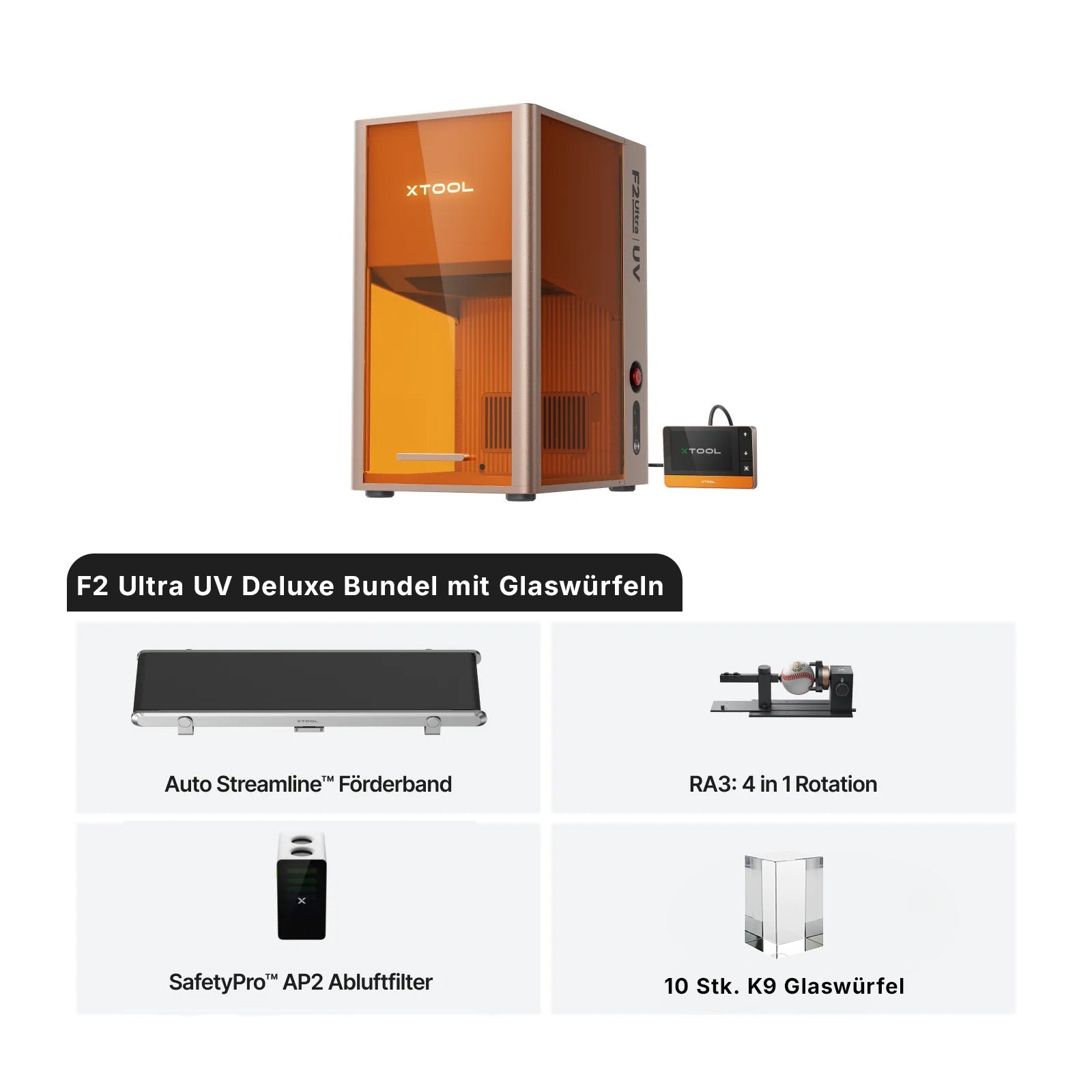 Der xTool F2 Ultra UV 5W UV-Lasergravierer ermöglicht detailreiche Flach-, Rund- und 3D-Gravuren auf Glas, Kristall und vielseitigen Materialien. Deluxe Bundle mit Glaswürfeln 