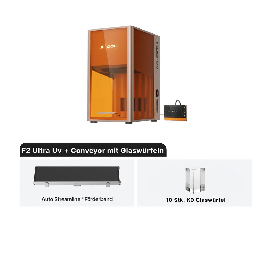 Der xTool F2 Ultra UV 5W UV-Lasergravierer ermöglicht detailreiche Flach-, Rund- und 3D-Gravuren auf Glas, Kristall und vielseitigen Materialien + Conveyor mit Glaswürfeln 