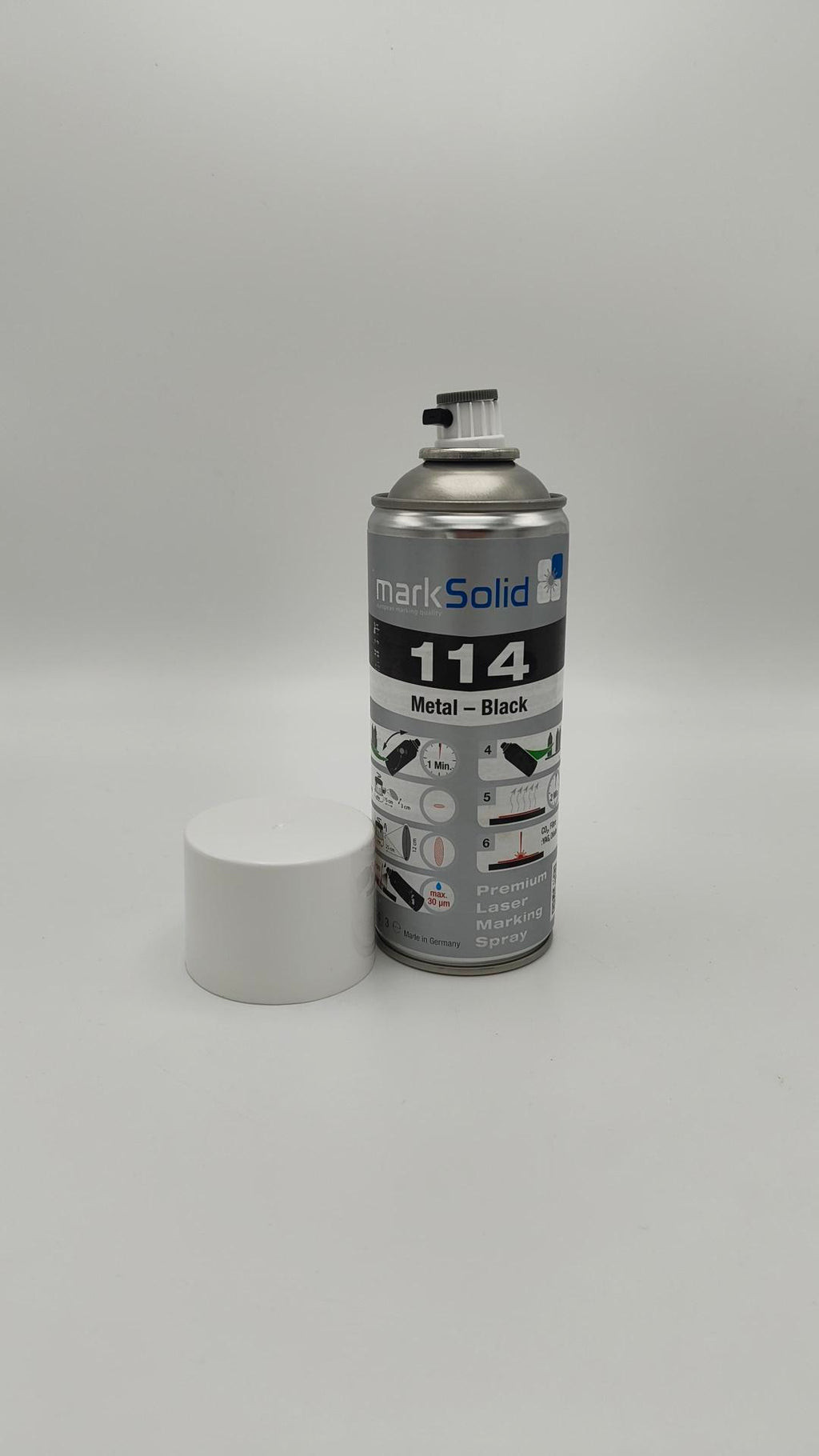 markSolid 114 Laser-Markierungsspray für dauerhafte und kontrastreiche Lasergravuren auf Edelstahl, Kupfer, Messing und weiteren Metallen.
