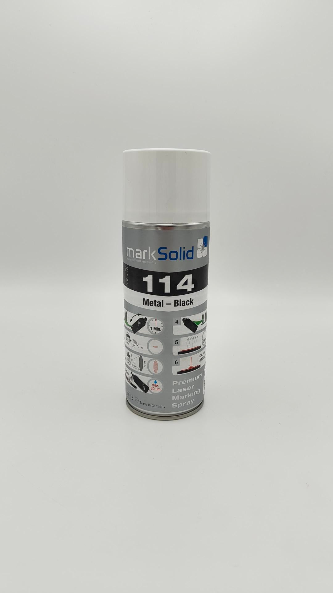 markSolid 114 Spray für präzise, kratzfeste und UV-beständige Laserbeschriftungen auf Metalloberflächen.