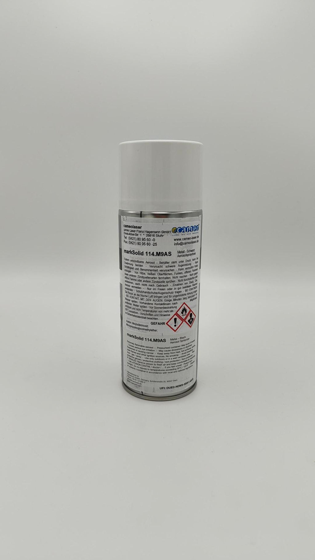 300-ml-Dose markSolid 114 Laser-Markierungsspray mit zwei Sprühköpfen für professionelle Metallgravuren.