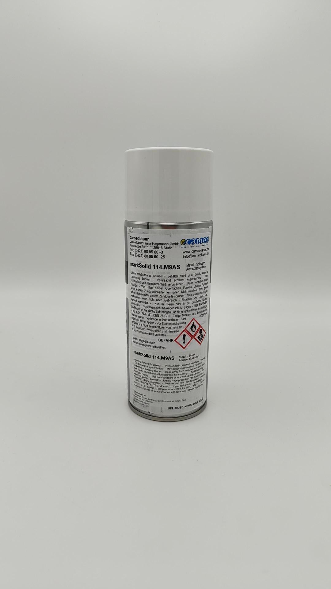300-ml-Dose markSolid 114 Laser-Markierungsspray mit zwei Sprühköpfen für professionelle Metallgravuren.
