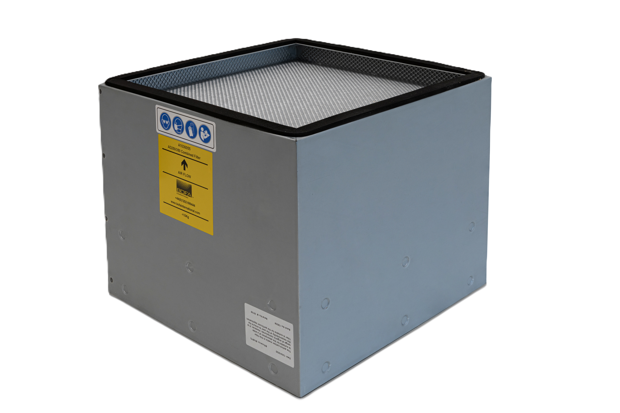Kombifilter für vacuair UML 350 Absauganlage in Grau und Schwarz mit Warnhinweisen.