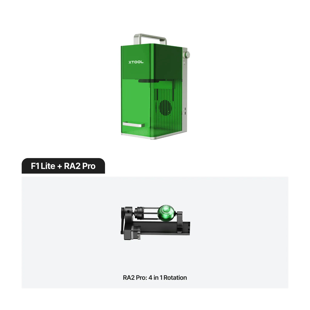 xTool F1 tragbarer Lasergravierer bearbeitet Metall, Holz und Leder mit präziser Lasertechnologie für personalisierte Produkte und kreative Gestaltung. F1 Lite + RA2 Pro 