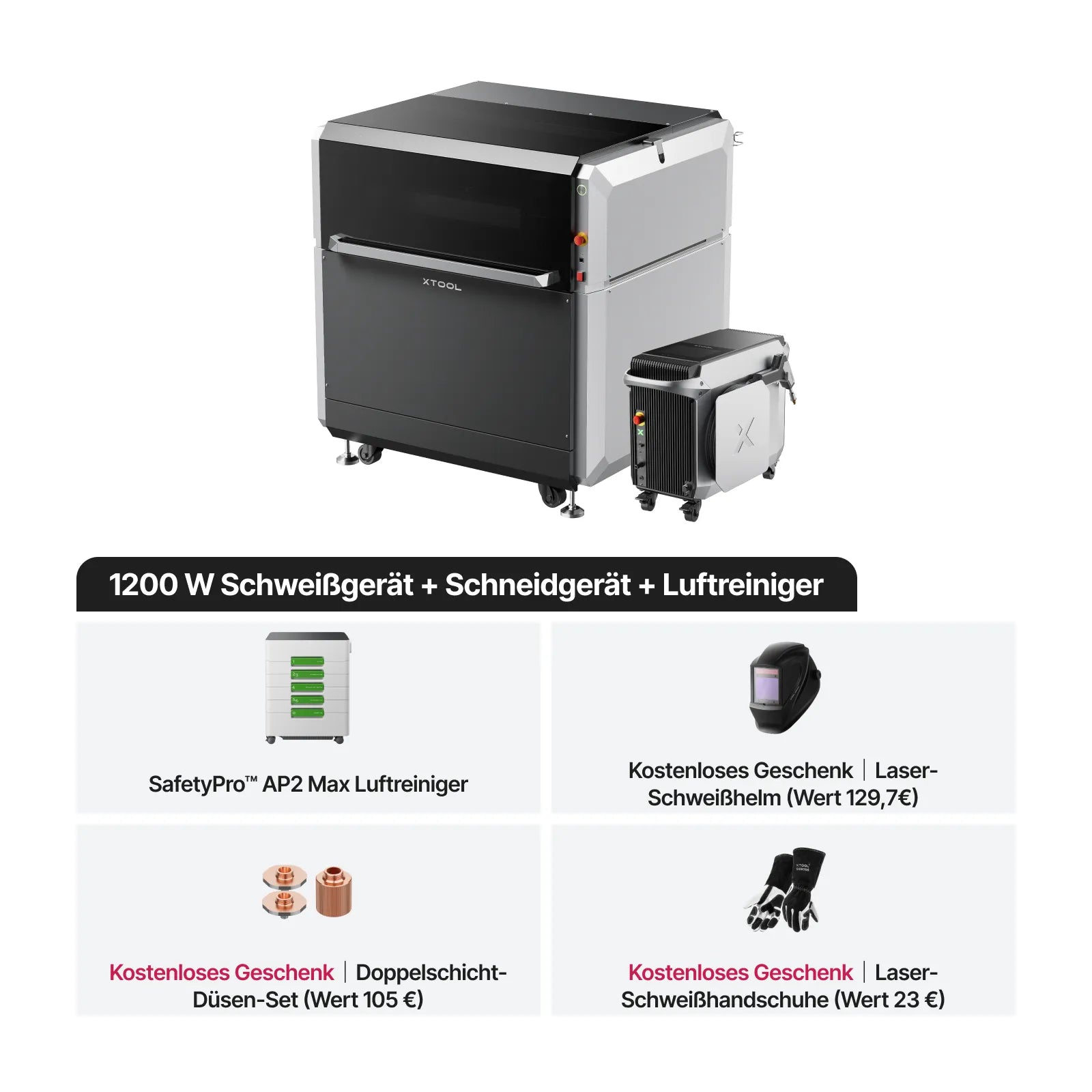xTool MetalFab Laserschweißsystem ermöglicht schnelle Metallverarbeitung mit automatisierten Funktionen für zuverlässige Produktionsergebnisse. 1200W Schweißgerät + Schneidgerät + Luftreiniger