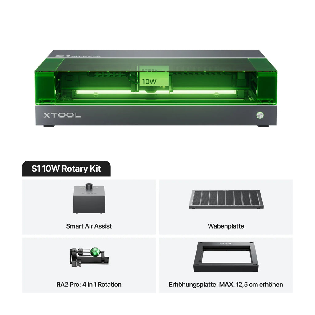 xTool S1 10W Rotary Kit mit Smart Air Assist, Wabenplatte RA2 Pro: 4 in 1 Rotation und Erhöhungsplatte: MAX. 12,5 cm erhöhen.