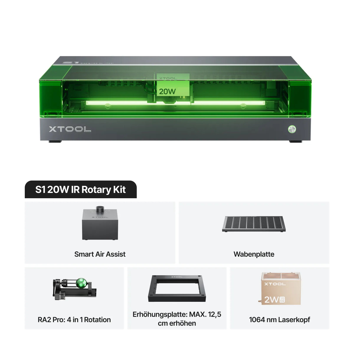 xTool S1 bearbeitet Holz präzise mit Pin-Point™ Technologie für exakte Gravuren und Schnitte. 20W IR Rotary Kit 