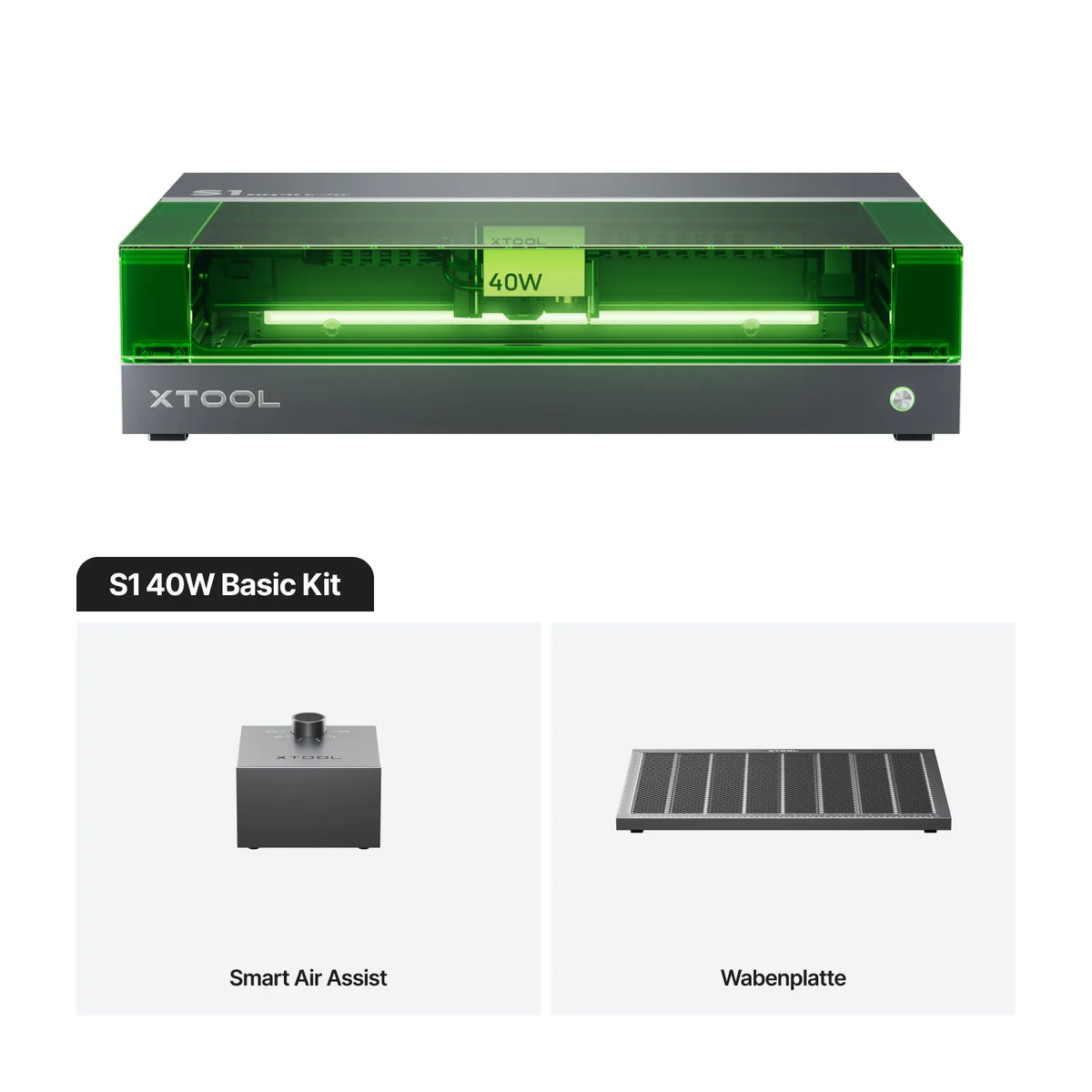 xTool S1 40W Basic Kit mit Smart Air Assist, Wabenplatte.