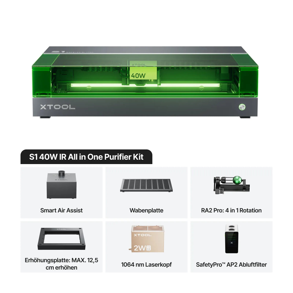 xTool S1 40W IR All in One Purifier Kit mit Smart Air Assist, Wabenplatte, RA2 Pro: 4 in 1 Rotation, Erhöhungsplatte: MAX. 12,5 cm erhöhen und 1064 nm laserkopf und SafetyPro AP2 Abluftfilter.