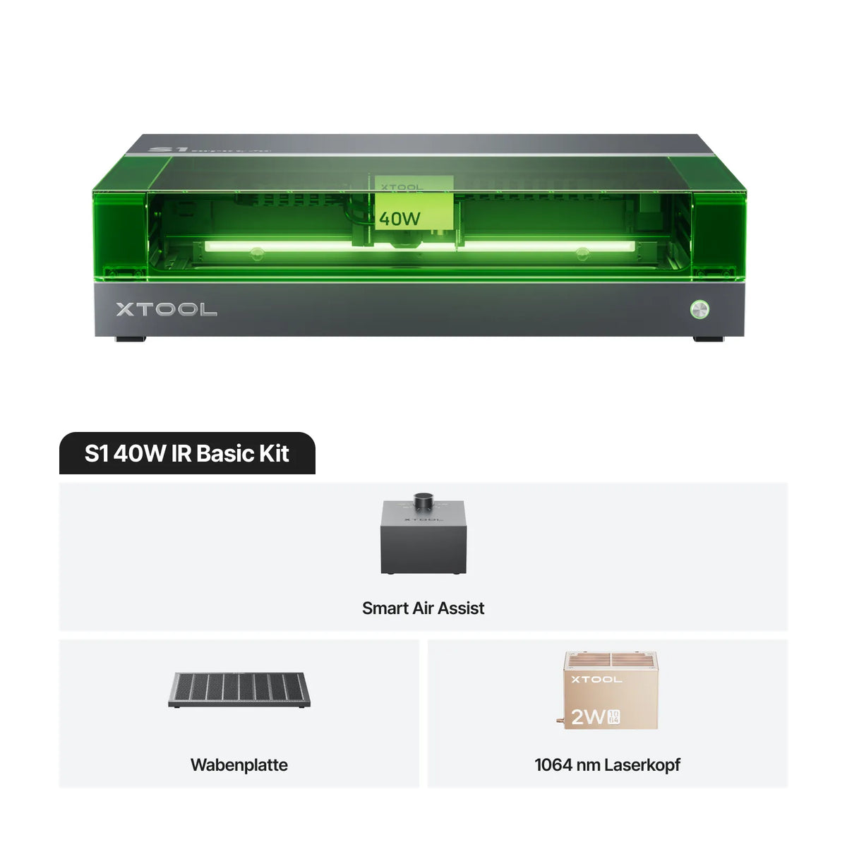 xTool S1 40W IR Basic Kit mit Smart Air Assist, Wabenplatte und 1064 nm laserkopf.