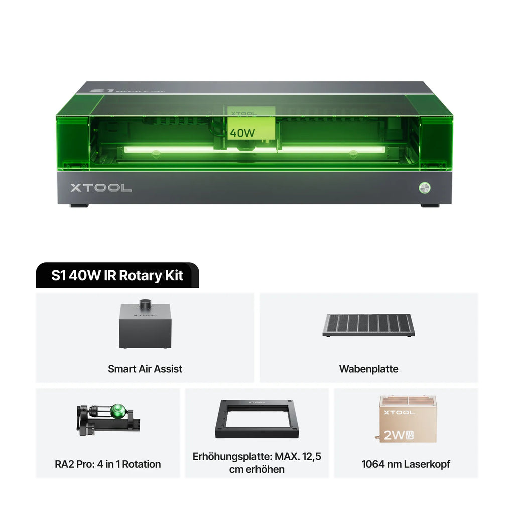 xTool S1 40W IR Rotary Kit mit Smart Air Assist, Wabenplatte RA2 Pro: 4 in 1 Rotation, Erhöhungsplatte: MAX. 12,5 cm erhöhen und 1064 nm laserkopf.