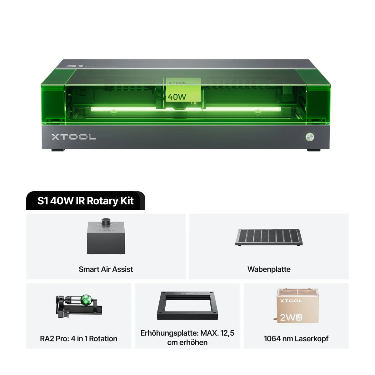 xTool S1 40W IR Rotary Kit mit Smart Air Assist, Wabenplatte RA2 Pro: 4 in 1 Rotation, Erhöhungsplatte: MAX. 12,5 cm erhöhen und 1064 nm laserkopf.