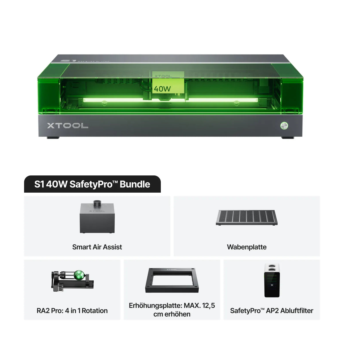 xTool S1 40W SafetyPro Bundle mit Smart Air Assist, Wabenplatte RA2 Pro: 4 in 1 Rotation, Erhöhungsplatte: MAX. 12,5 cm erhöhen und SafetyPro AP2 Abluftfilter.