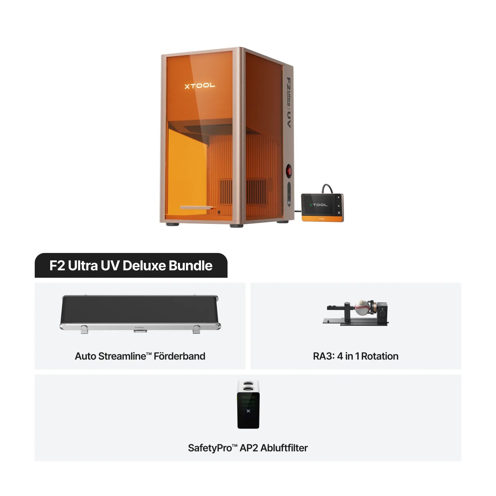 Der xTool F2 Ultra UV 5W UV-Lasergravierer ermöglicht detailreiche Flach-, Rund- und 3D-Gravuren auf Glas, Kristall und vielseitigen Materialien. Deluxe Bundle 