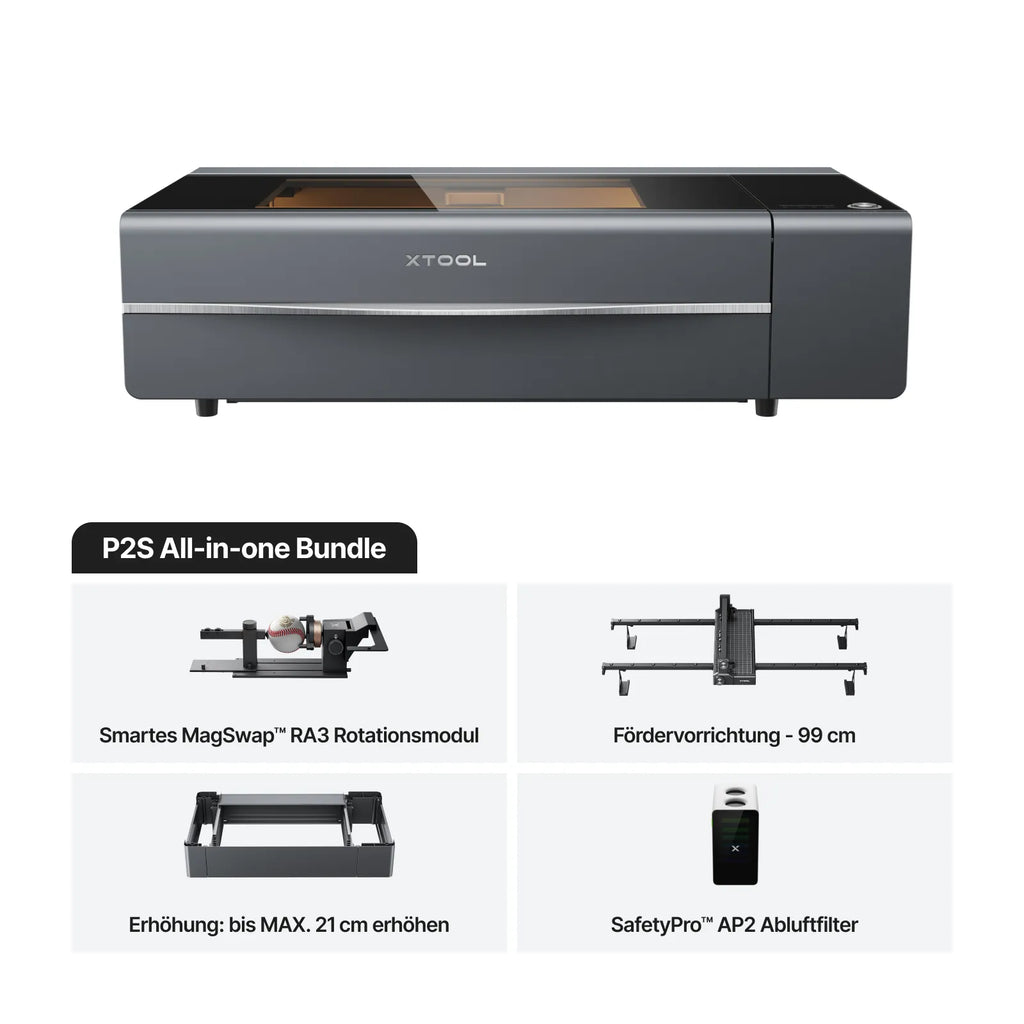 xTool P2S Desktop-Lasergravierer mit 55 Watt CO₂-Laser erstellt detailreiche Gravuren und präzise Schnitte mit 3D-Curve-Technologie. all-in-one Bundle