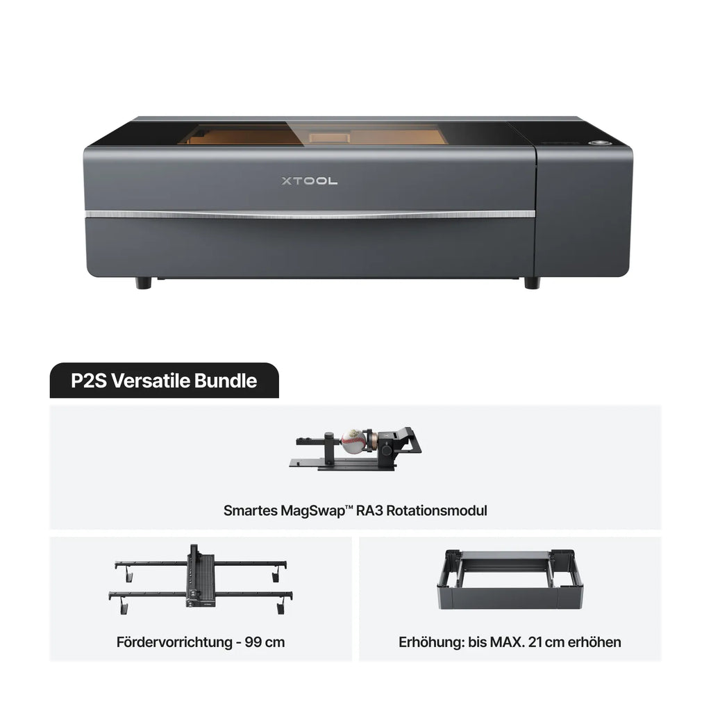 xTool P2S Desktop-Lasergravierer mit 55 Watt CO₂-Laser erstellt detailreiche Gravuren und präzise Schnitte mit 3D-Curve-Technologie. Versatile Bundle 