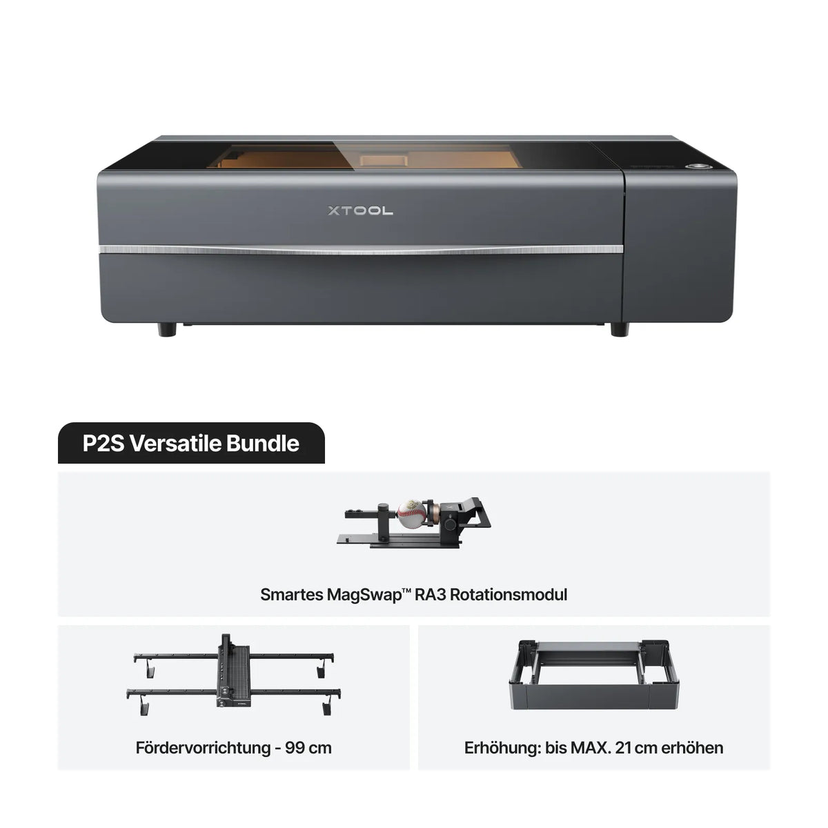 xTool P2S Desktop-Lasergravierer mit 55 Watt CO₂-Laser erstellt detailreiche Gravuren und präzise Schnitte mit 3D-Curve-Technologie. Versatile Bundle 