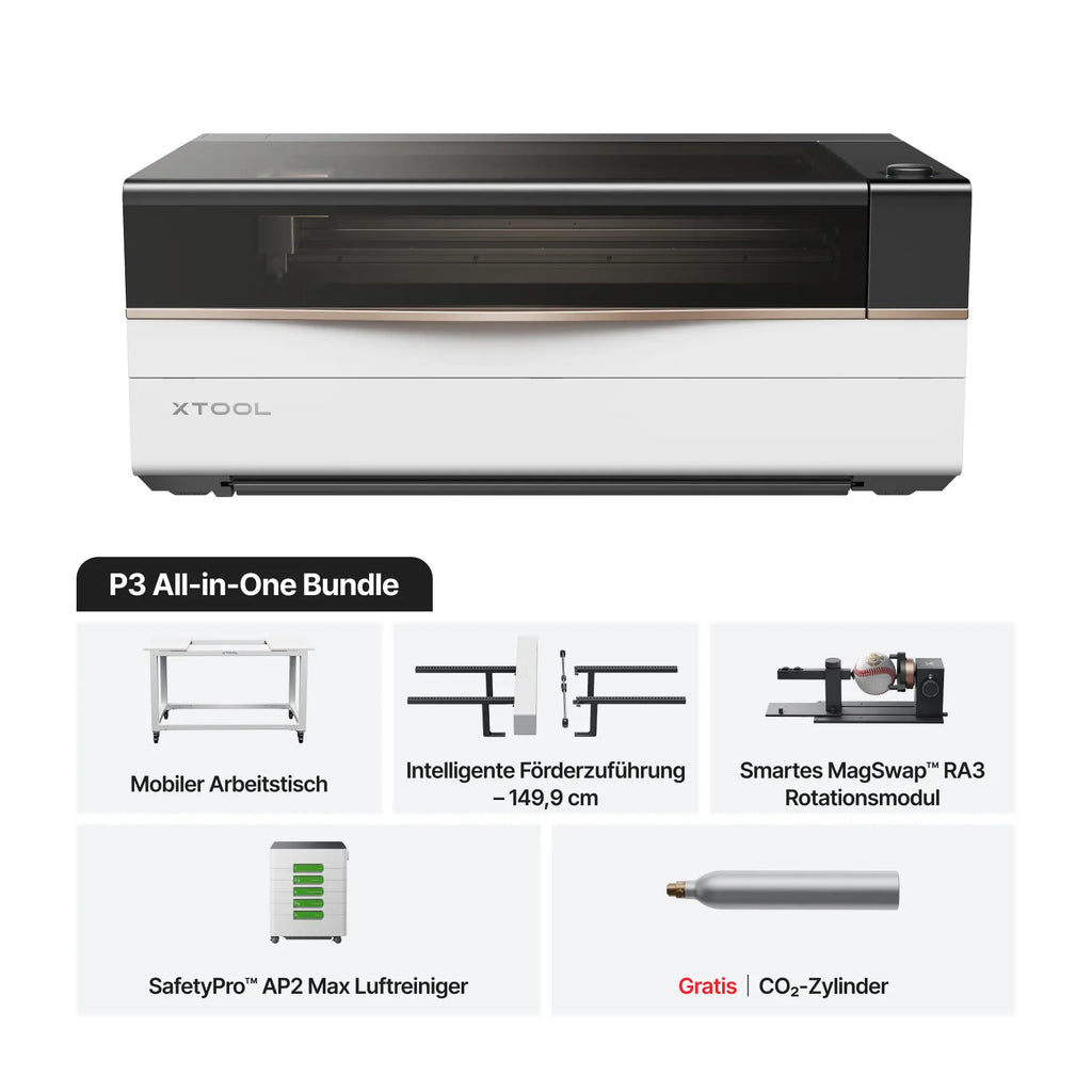 xTool P3 All-in_One Bundle mit Mobilen Arbeitstisch, Intelligente Förderzuführung - 149,9 cm, Smartes MagSwap RA3 Rotationsmodul, SafetyPro AP2 Max Luftreiniger und Gratis CO2-Zylinder.