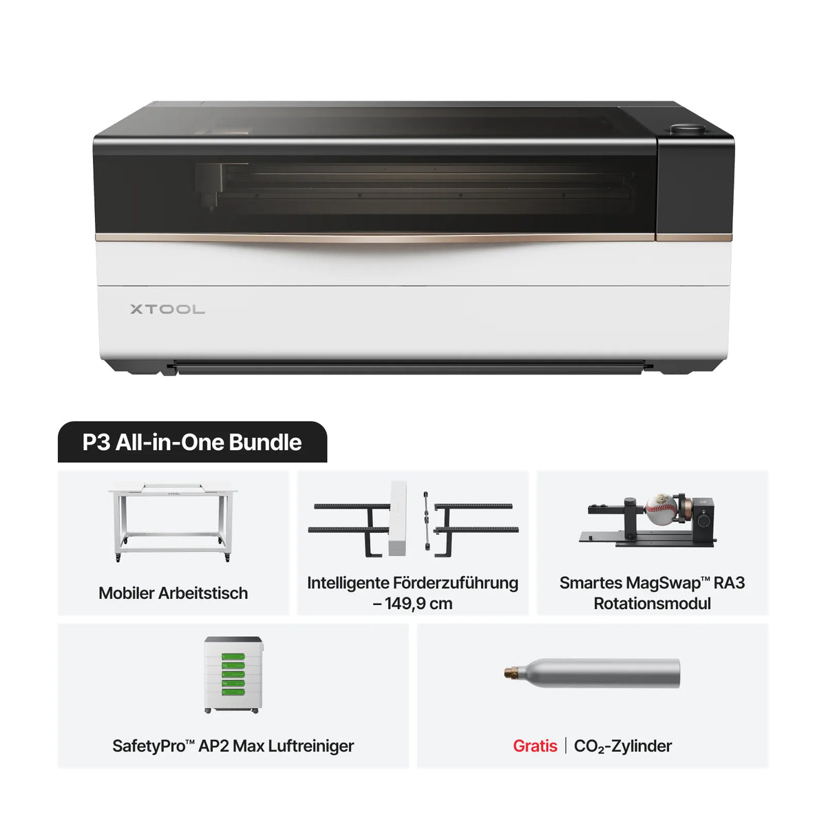 xTool P3 All-in_One Bundle mit Mobilen Arbeitstisch, Intelligente Förderzuführung - 149,9 cm, Smartes MagSwap RA3 Rotationsmodul, SafetyPro AP2 Max Luftreiniger und Gratis CO2-Zylinder.