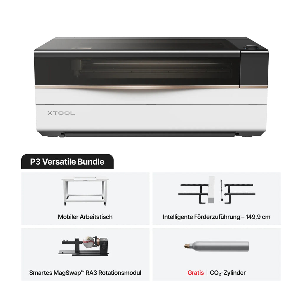 xTool P3 Versatile Bundle mit Mobilen Arbeitstisch, Intelligente Förderzuführung - 149,9 cm, Smartes MagSwap RA3 Rotationsmodul und Gratis CO2-Zylinder.