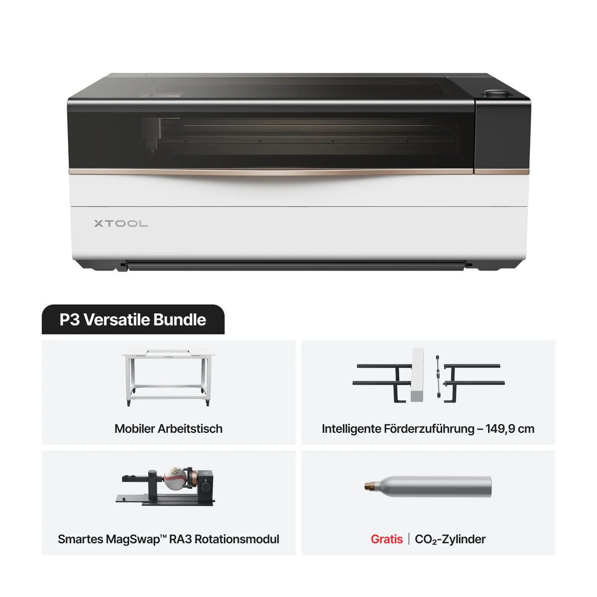 xTool P3 Versatile Bundle mit Mobilen Arbeitstisch, Intelligente Förderzuführung - 149,9 cm, Smartes MagSwap RA3 Rotationsmodul und Gratis CO2-Zylinder.