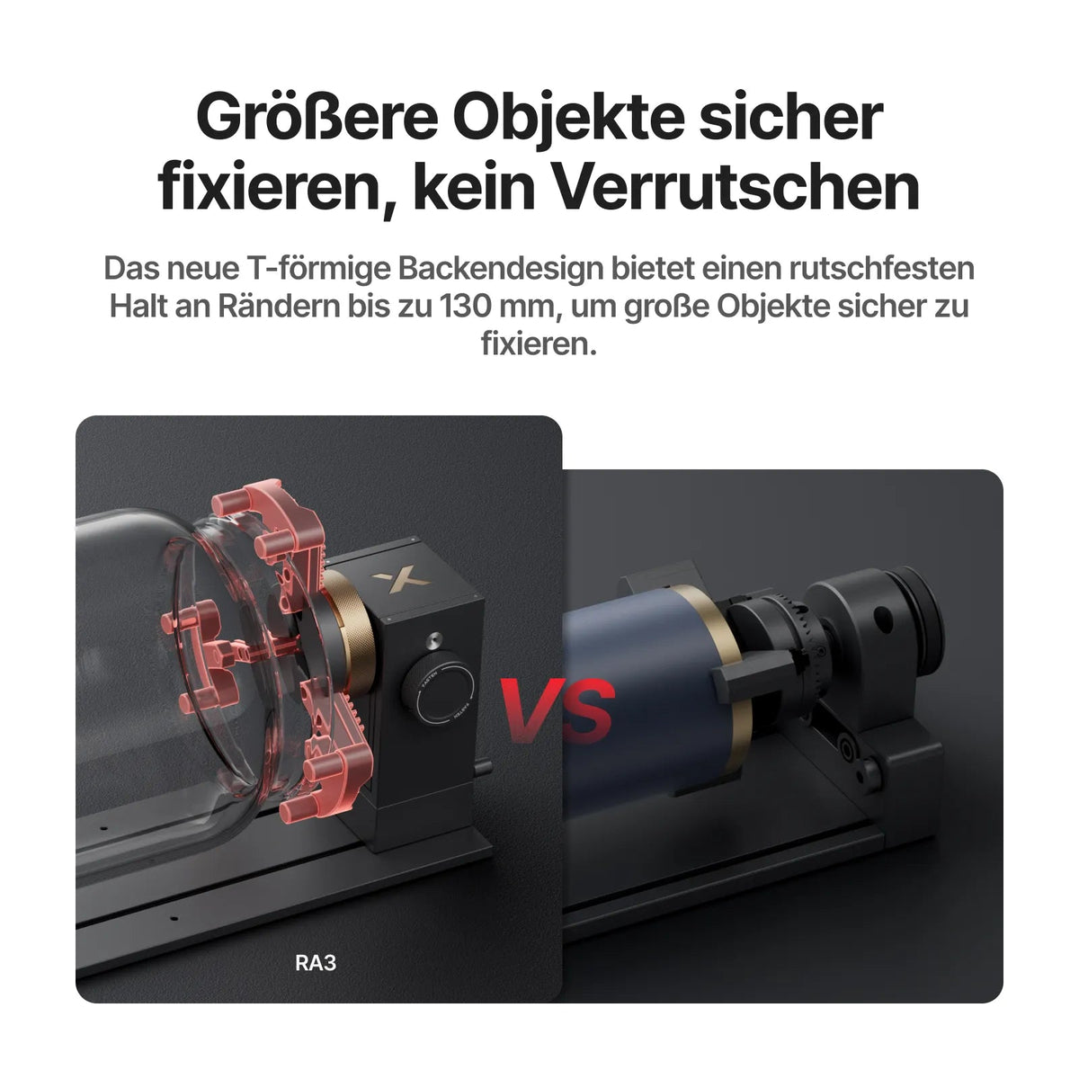 Größere Objekte sicher fixieren, kein Verrutschen. Das neue T-förmige Backendesign bietet einen rutschfesten Halt an Rändern bis zu 130 mm, um große Objekte sicher zu fixieren.