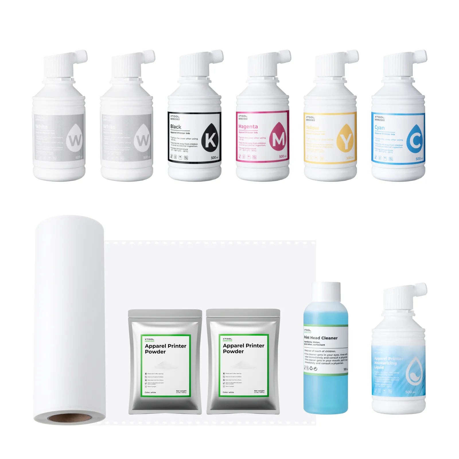 xTool 30-Tage-Sorglos-DTF-Materialpaket mit Tinten, Druckfilm, Pulver und Reinigungszubehör für hochwertige Textildrucke.