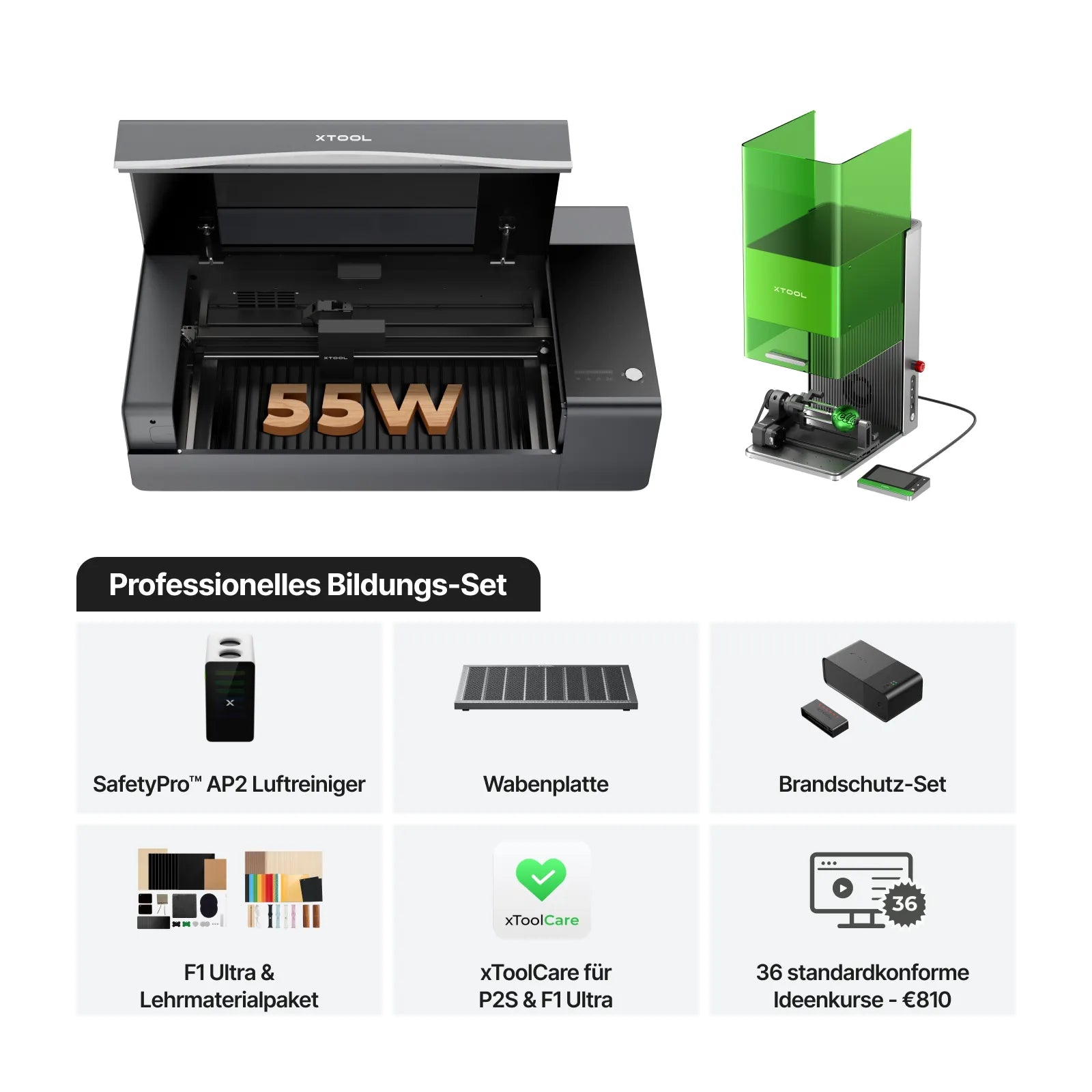 xTool P2S 55W Desktop CO2-Laser schneidet Holz und Acryl präzise im geschlossenen Lasersystem für sichere, vielseitige Gravur- und Schneidanwendungen. Professionelles Bildungs-Set.
