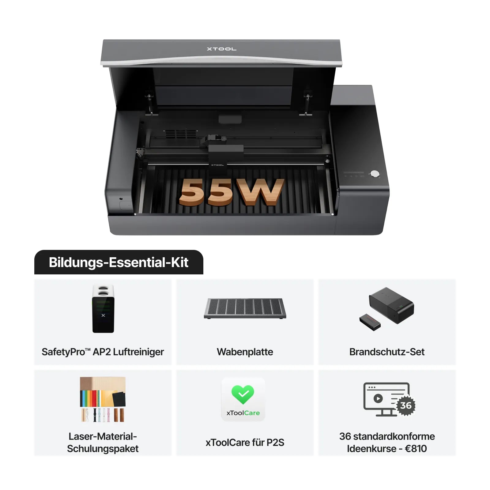 xTool P2S 55W Desktop CO2-Laser schneidet Holz und Acryl präzise im geschlossenen Lasersystem für sichere, vielseitige Gravur- und Schneidanwendungen. Bildungs-Essential-Kit.